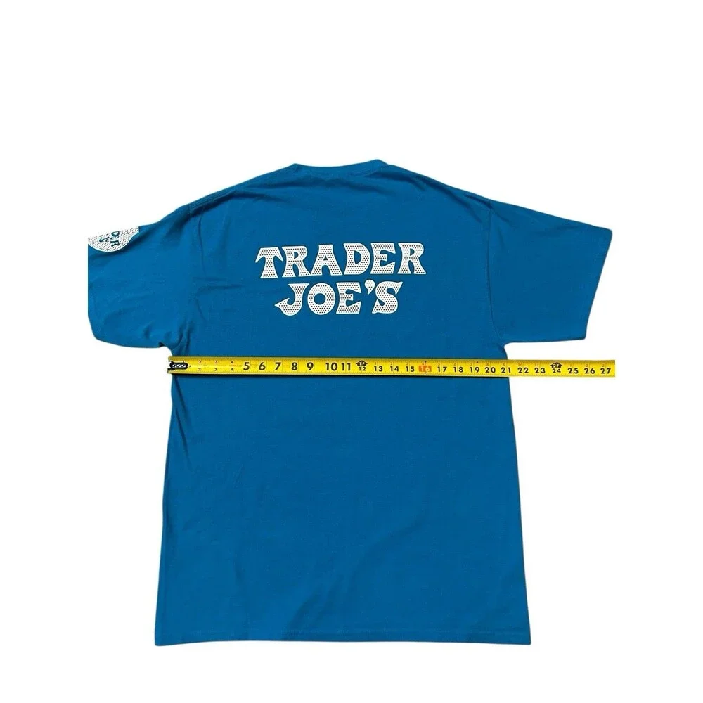 Trader Joes T-shirt L torquoise blue grocery store employee crew market
